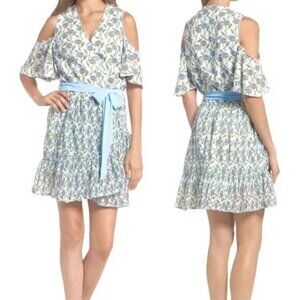 Anthropologie Foxiedot Blue Floral Lexie Cold Shoulder Wrap Dress | Size Medium
